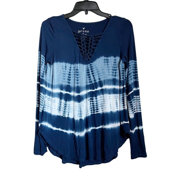 American Eagle Outfitters Tops - American Eagle Outfitters AEO Soft Sexy T-Shirt Blue Tie Dye Knots Long Slv Sz S